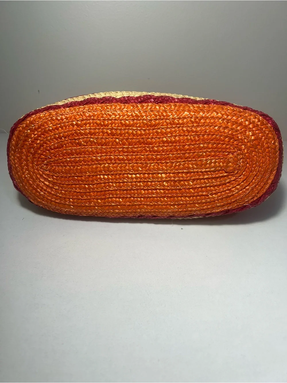 Woven Straw Tote Bag with Bamboo Handles - Orange Stripe